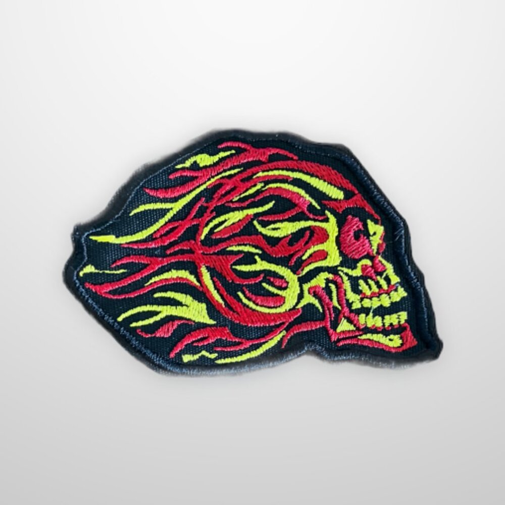 Flaming skull embroidered patch sew on only patch NWT perfect for beanie or hat